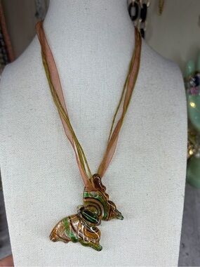 Lampwork Murano Style Butterfly Glass Pendant Necklace Swirl Design Jewelry